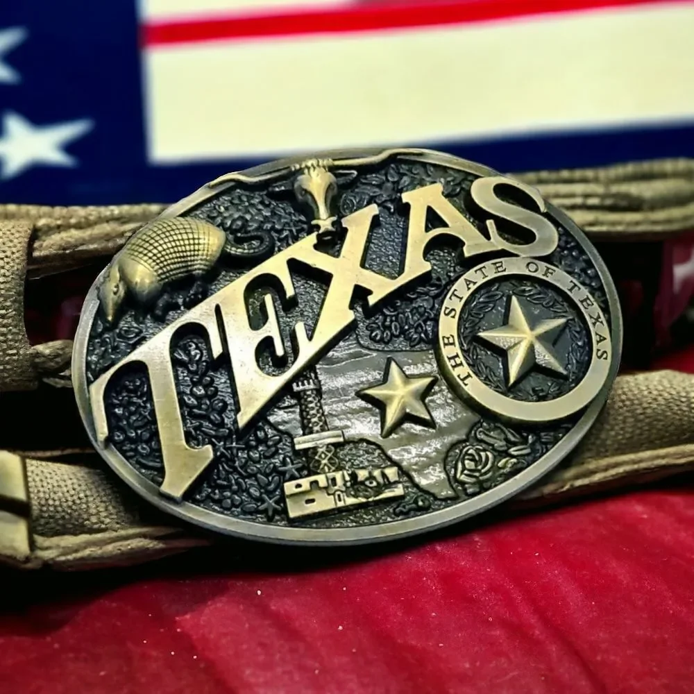Texas Western Belt Buckle Lone Star Longhorn Armadillo Oil Well Antique Brass
